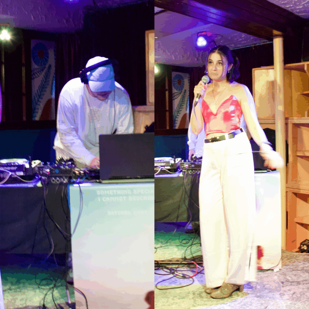 Young couple on stage, woman holding a microphone and man with headphone on a mixing board