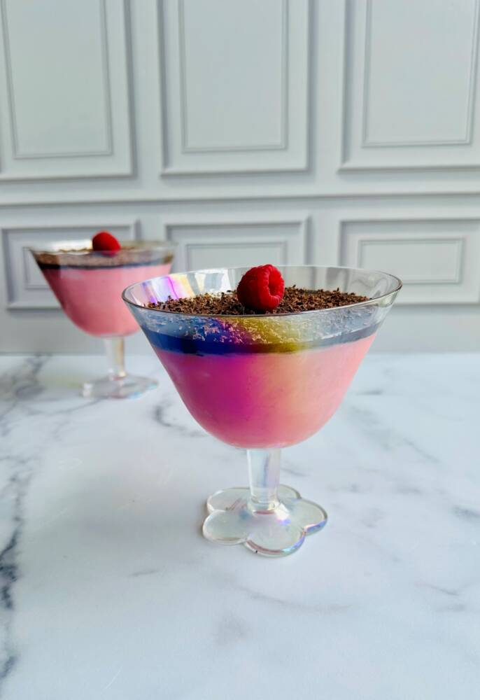 A dessert glass with Raspberry Chocolate Mousse